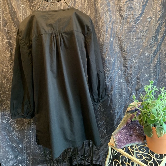 Denim & Co. Shirt Black Cotton with Embroidered Flowers Peasant Button-Up - Picture 5 of 7